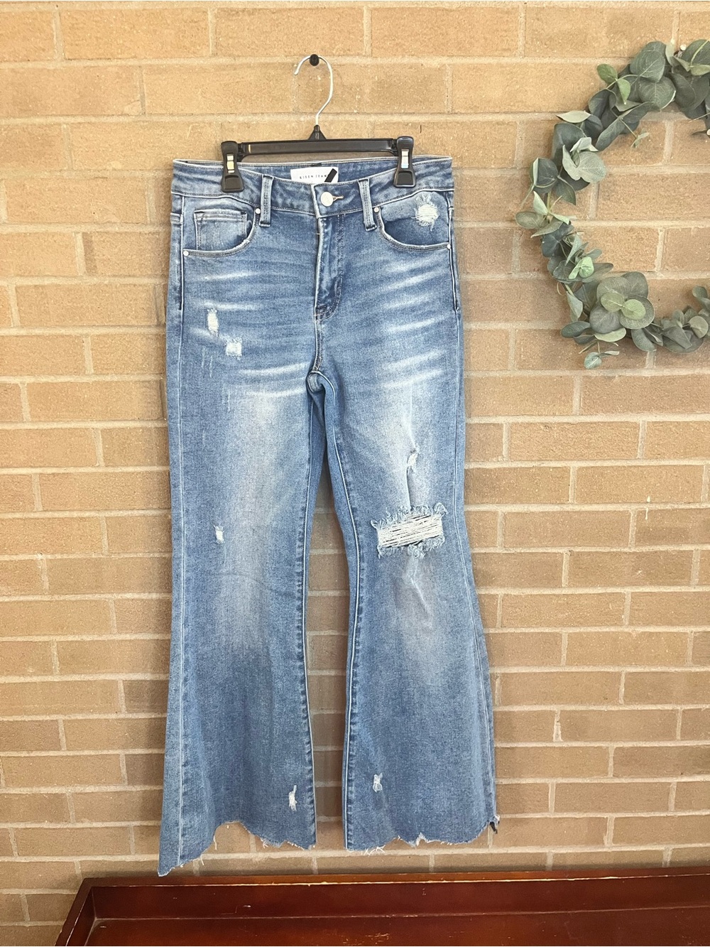 High-Rise Distressed Flare Jeans in Light Blue
